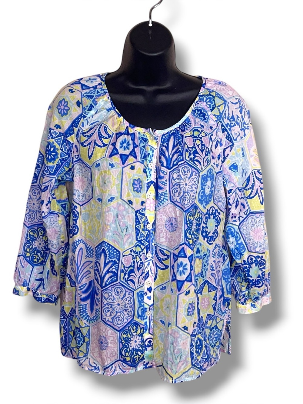 Petite Small Talbots Blue Purple Yellow Boho Cotton Long Sleeve Top Bohemian